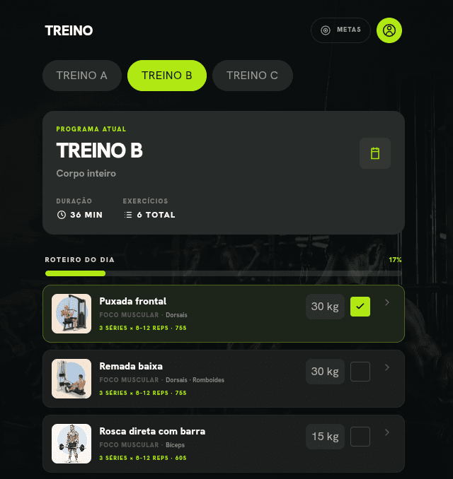 Prévia da ficha de treino com exercícios, séries e repetições